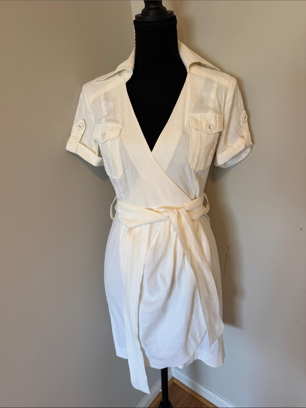 bebe Cream Linen Blend Wrap Mini Dress